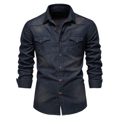 Men's Long-sleeved Denim Shirt Casual Solid Button Slim Tops Clothing A&S Collection