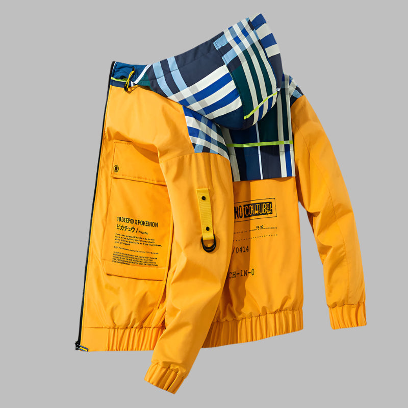 This men's autumn jacket features a hood with a plaid pattern, multiple pockets, and printed text, offering a stylish and loose fit for casual wear A&S Collection