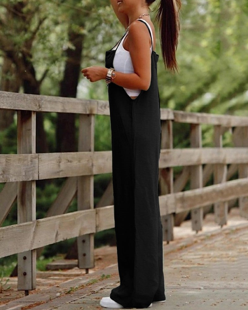 Women's Sleeveless Jumpsuit With Pockets And Adjustable Shoulder Strap Fashion Loose Wide Leg Straight Overalls Summer Beach Trousers A&S Collection