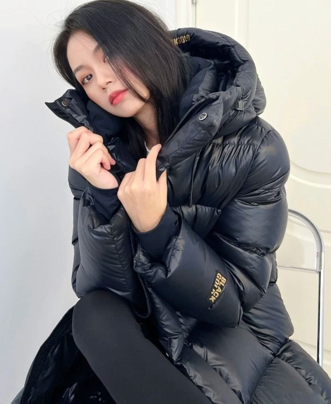 Black Gold White Goose Down Mid-length Elegant Hooded Windproof Overknee Thickened Warm Down Jacket A&S Collection