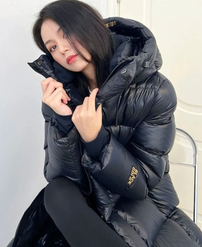 Black Gold White Goose Down Mid-length Elegant Hooded Windproof Overknee Thickened Warm Down Jacket A&S Collection