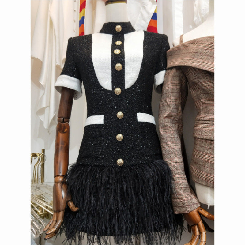 Europe and The United States autumn winter star women fashion metal buckle black and white clash-color hem stitching feather dress A&S Collection