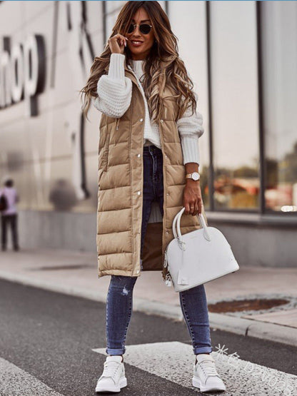 Solid color hooded single breasted medium long cotton-padded vest slim temperament cardigan coat top Hypersku