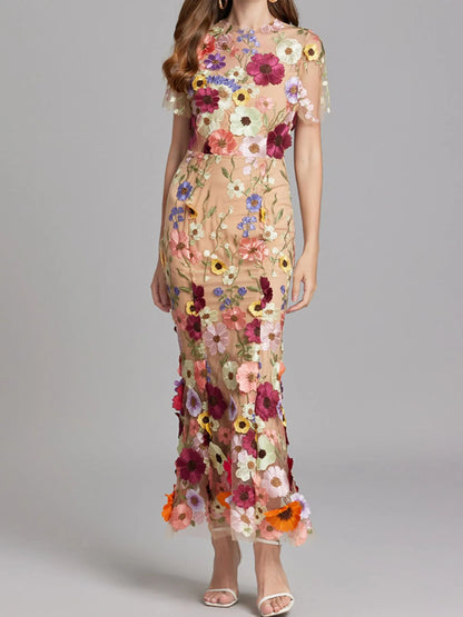 Floral Embroidered Mesh Overlay Maxi Dress.
