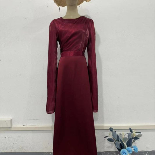 Elegant organza satin dress with patchwork design and slim fit, perfect for chic style A&S Collection