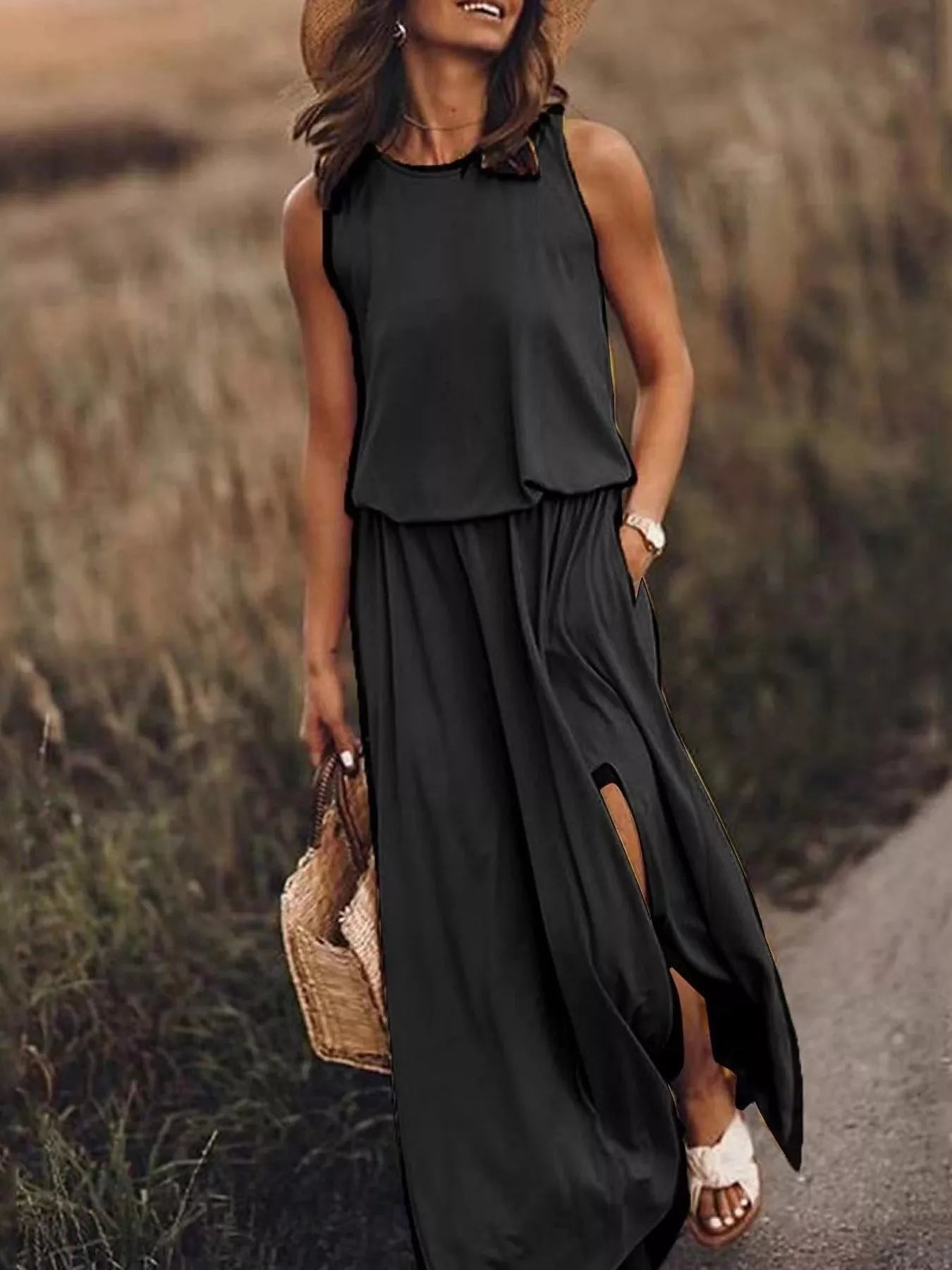 Full Size Round Neck Sleeveless Slit Maxi Dress Plus Size.
