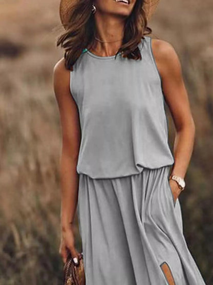 Full Size Round Neck Sleeveless Slit Maxi Dress Plus Size.