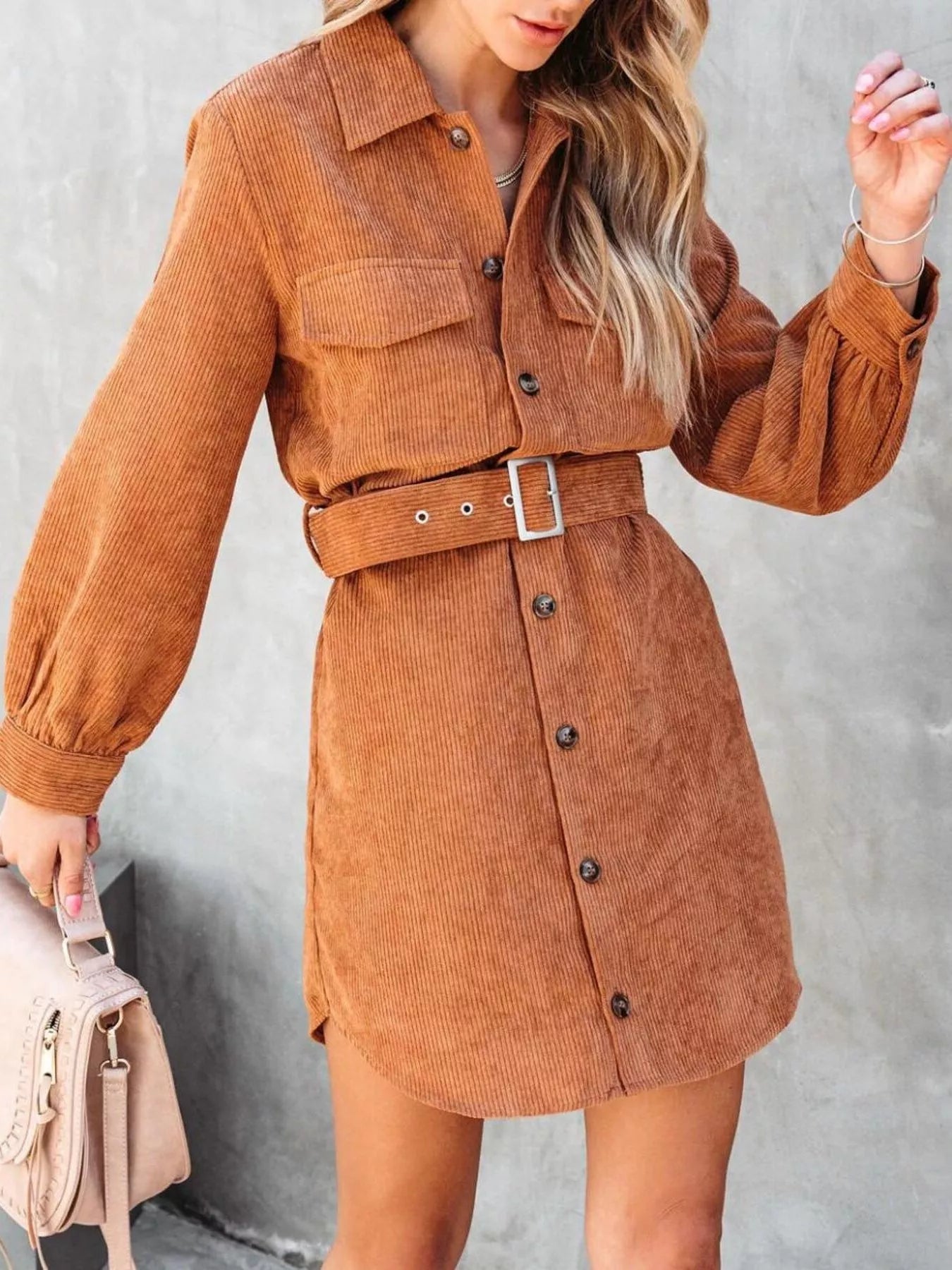 Button Front Belt Long Sleeve Corduroy Dress.