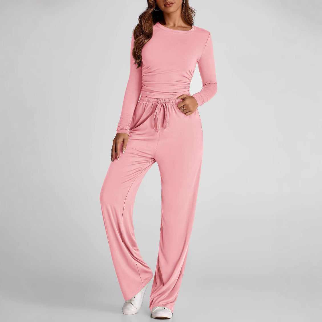 2 Pieces Women's Suit Autumn Winte Long Sleeve Tops High Waisted Wide Leg Pants Sportswear Female Clothes Solid Color Casual Suit.