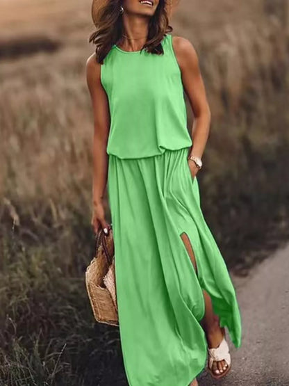 Full Size Round Neck Sleeveless Slit Maxi Dress Plus Size.