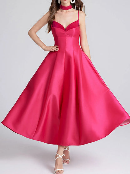 Sweetheart Spaghetti Strap Midi Dress with Collar.