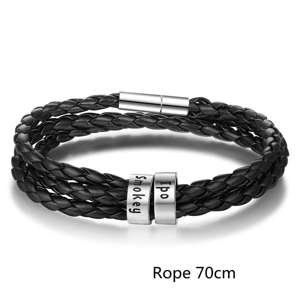 Personalized Mens Braided Genuine Leather Bracelet Stainless Steel Custom Beads Name Charm Bracelet For Men With Family Names A&S Collection