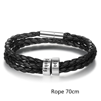 Personalized Mens Braided Genuine Leather Bracelet Stainless Steel Custom Beads Name Charm Bracelet For Men With Family Names A&S Collection