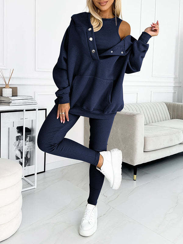 3pcs Women's Sports Suit Loose Hooded Pockets Sweatshirt And Vest And Slim Trousers A&S Collection