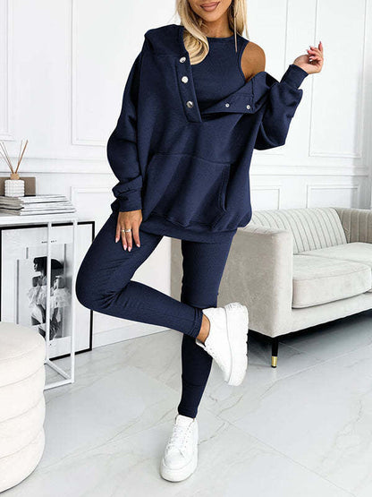 3pcs Women's Sports Suit Loose Hooded Pockets Sweatshirt And Vest And Slim Trousers A&S Collection
