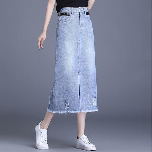 Trendy Korean front slit denim skirt, summer slimming and chic A&S Collection