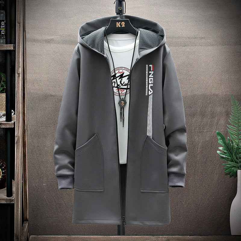 Tide brand Large Size Chinese style jacket Jacket Medium long hooded windbreaker male solid color printed long windbreaker male A&S Collection