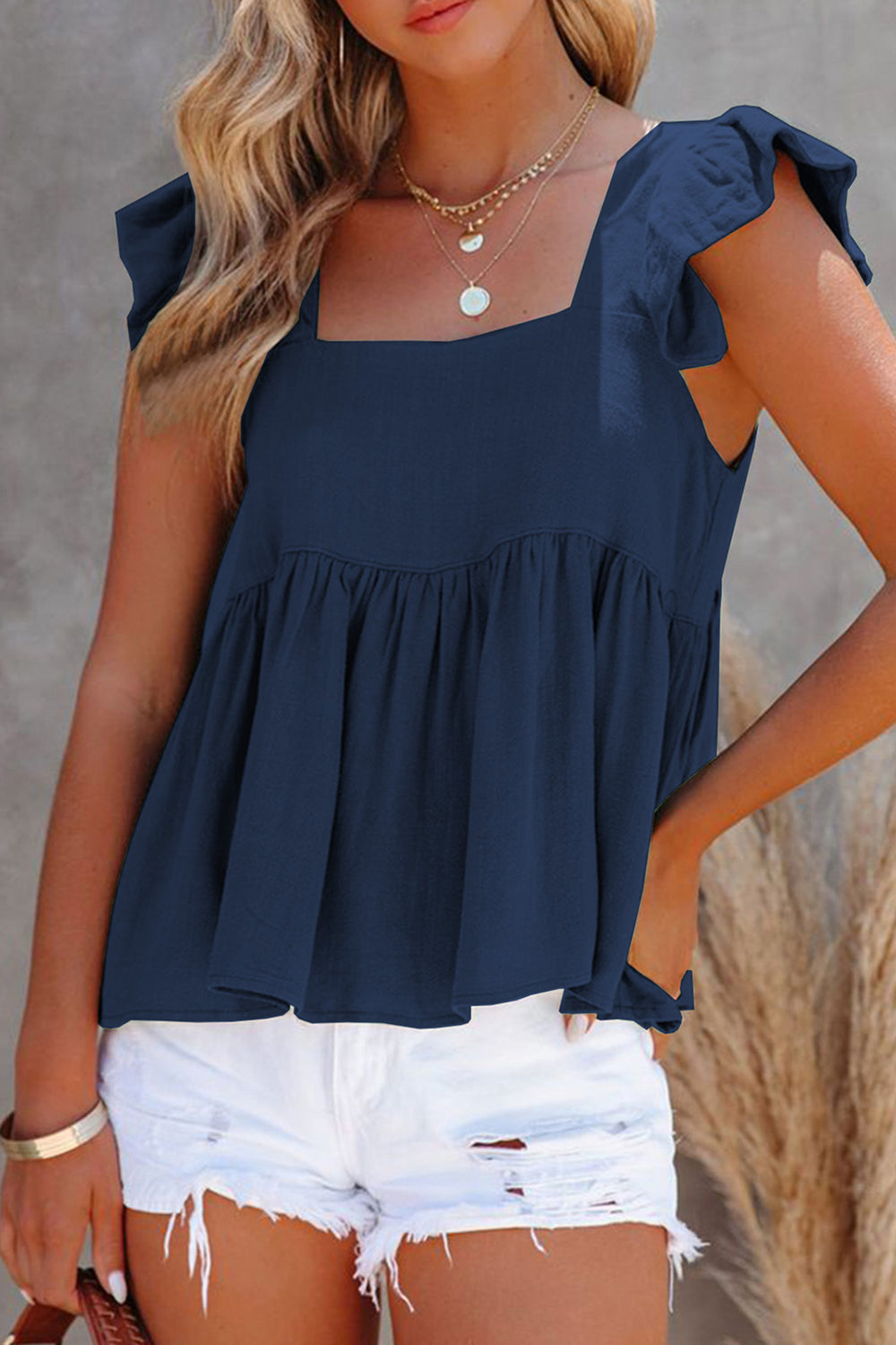 Full Size Ruffled Square Neck Cap Sleeve Blouse.