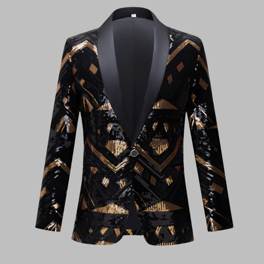 This slim-fit blazer, adorned with gold and silver sequins, features a sleek, single-button closure and a sophisticated satin shawl lapel. A&S Collection