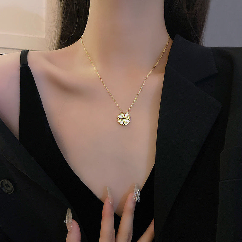 Elegant Four-Leaf Clover Pendant Necklace: Stainless Steel Design with Crystal Heart – A Perfect Luxury Gift for Women Seeking Timeless Style CJ