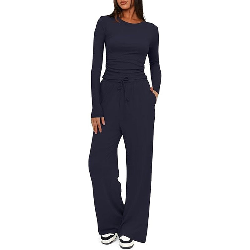 2 Pieces Women's Suit Autumn Winte Long Sleeve Tops High Waisted Wide Leg Pants Sportswear Female Clothes Solid Color Casual Suit.