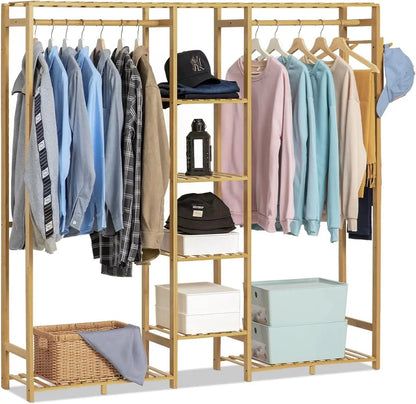 Bamboo Clothes Rack with Double Rods and Storage Shelves Free Standing Open Wardrobe Rack for Hanging Clothes and Storage for Be A&S Collection