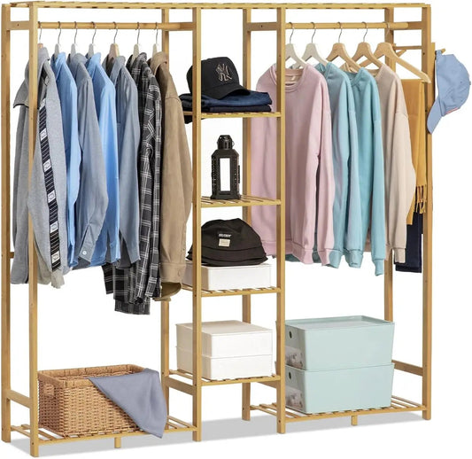 Bamboo Clothes Rack with Double Rods and Storage Shelves Free Standing Open Wardrobe Rack for Hanging Clothes and Storage for Be A&S Collection