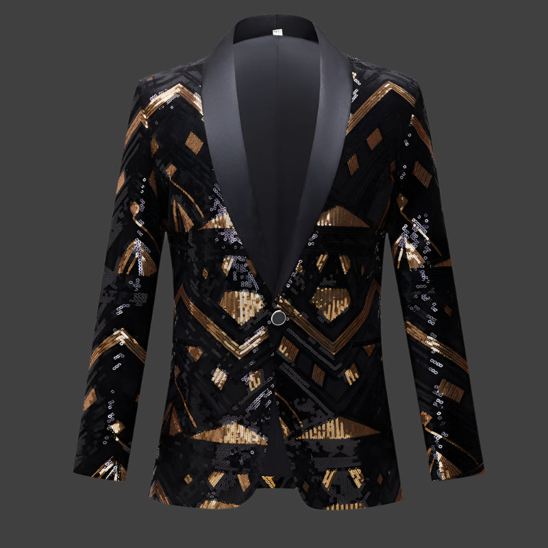 This slim-fit blazer, adorned with gold and silver sequins, features a sleek, single-button closure and a sophisticated satin shawl lapel. A&S Collection