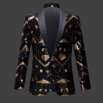 This slim-fit blazer, adorned with gold and silver sequins, features a sleek, single-button closure and a sophisticated satin shawl lapel. A&S Collection