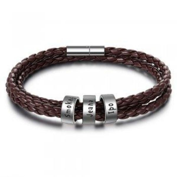 Personalized Mens Braided Genuine Leather Bracelet Stainless Steel Custom Beads Name Charm Bracelet For Men With Family Names A&S Collection