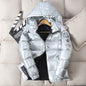 This vibrant red down jacket is designed for winter, featuring a thick, insulated hood and stylish printed logo for a fashionable and warm outdoor look A&S Collection