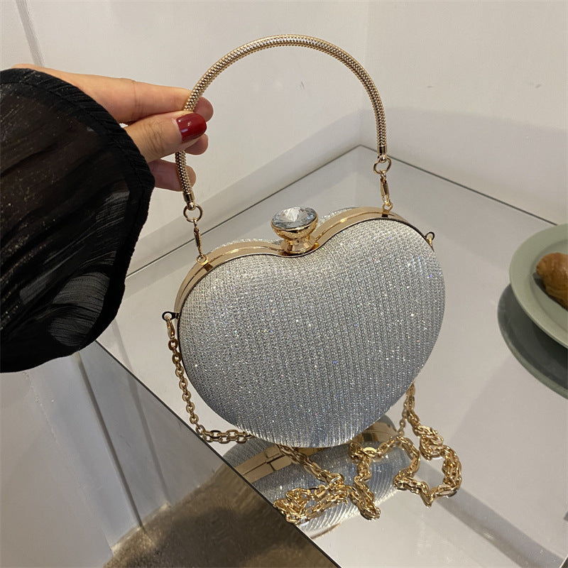 Evening Clutch Bag Women Bag Shiny Handbag Heart Shape Metal Clutches Bag Fashion Chain Shoulder Crossbody Bag Luxury Lady Purse Valentines Day Outfit A&S Collection