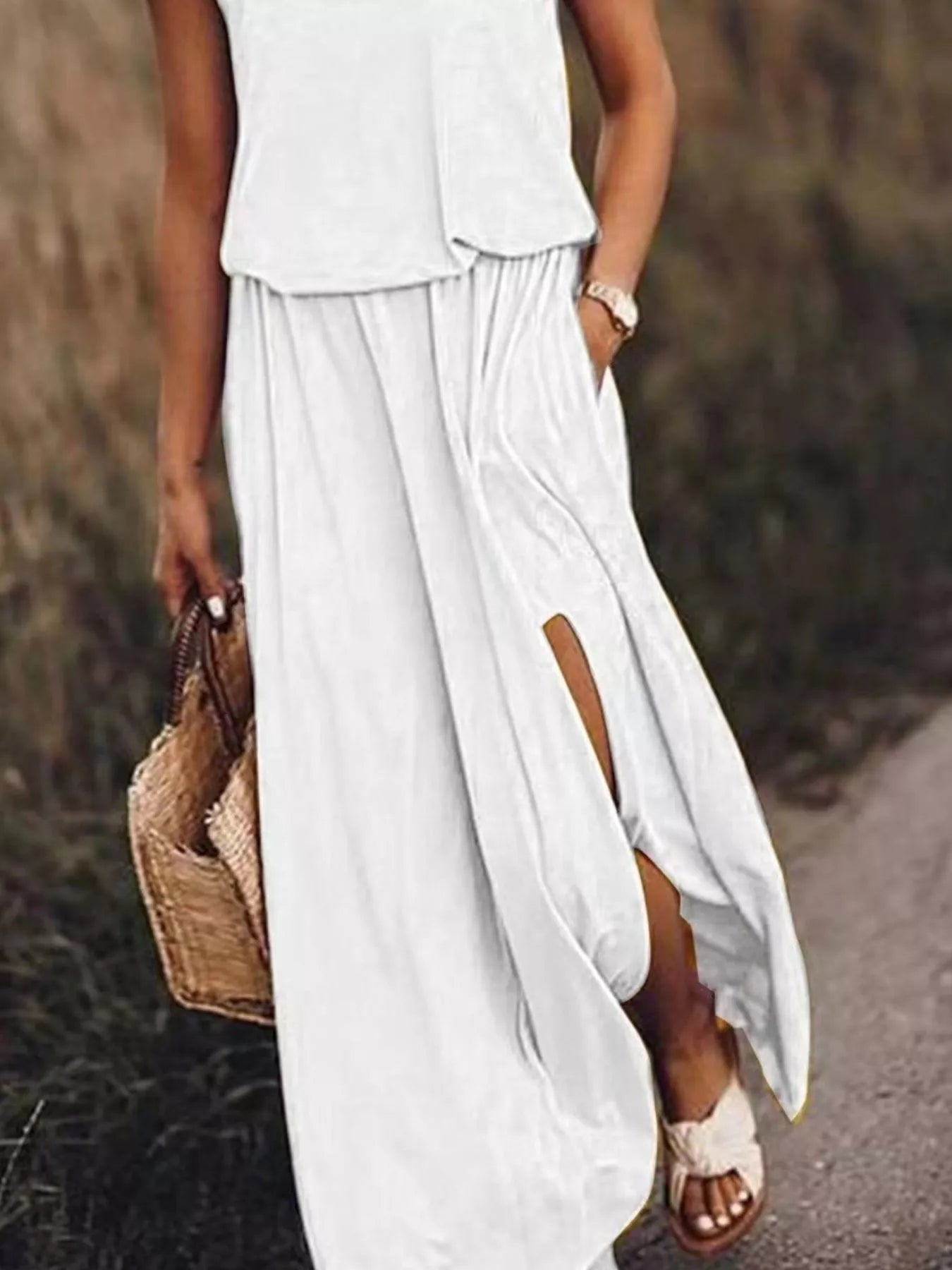 Full Size Round Neck Sleeveless Slit Maxi Dress Plus Size.