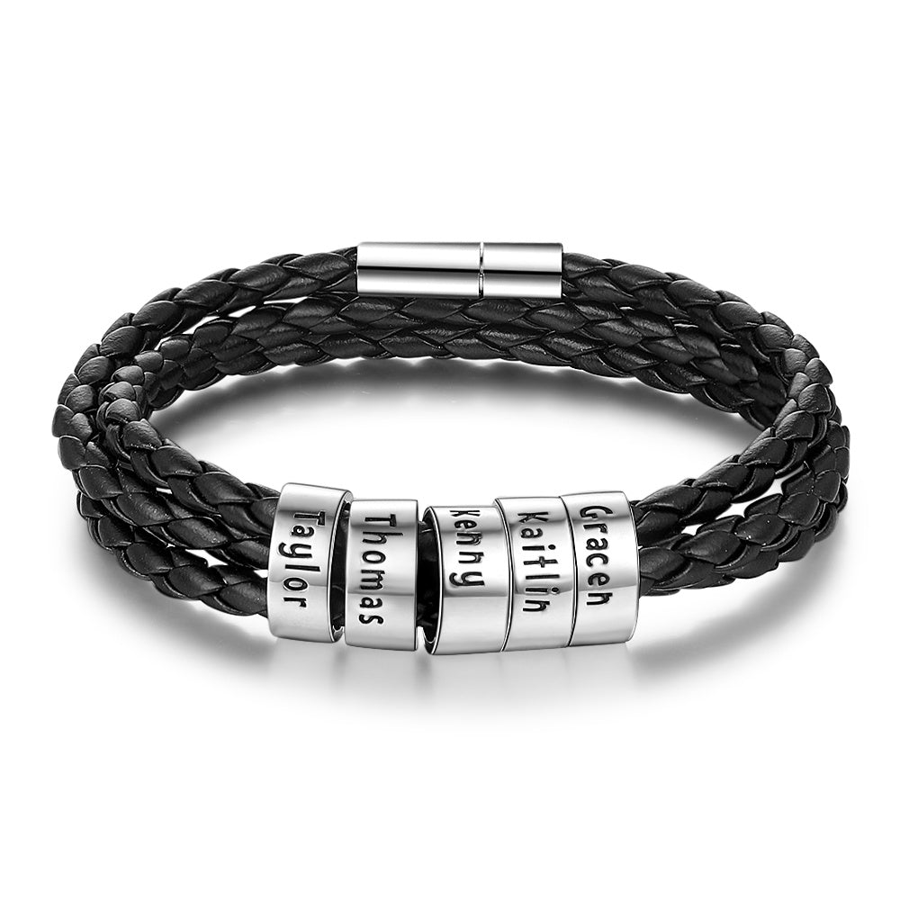 Personalized Mens Braided Genuine Leather Bracelet Stainless Steel Custom Beads Name Charm Bracelet For Men With Family Names A&S Collection