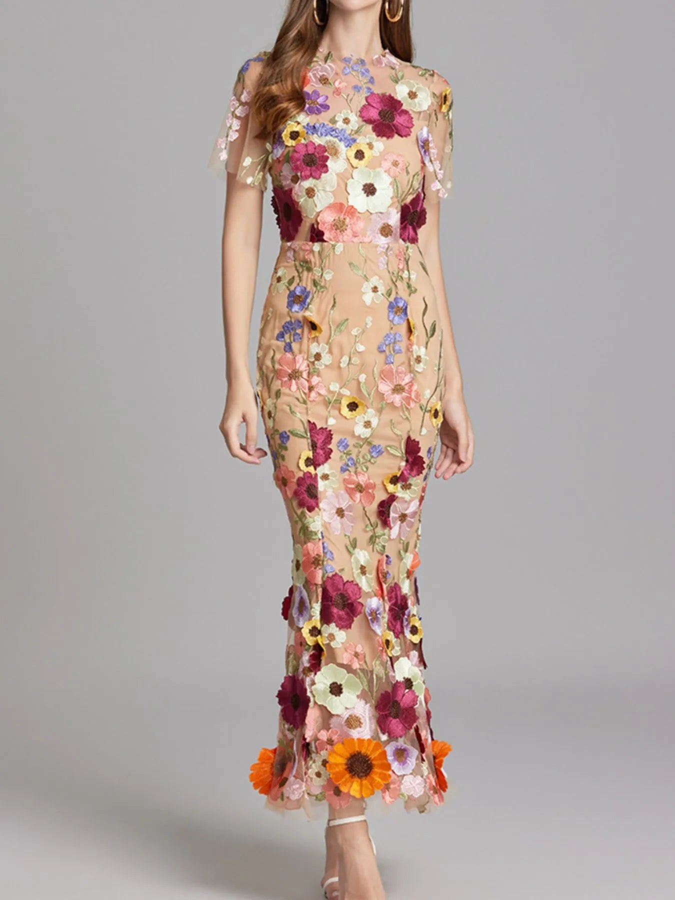 Floral Embroidered Mesh Overlay Maxi Dress.
