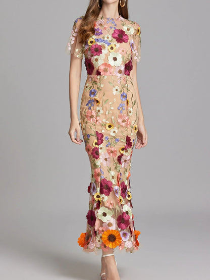 Floral Embroidered Mesh Overlay Maxi Dress.