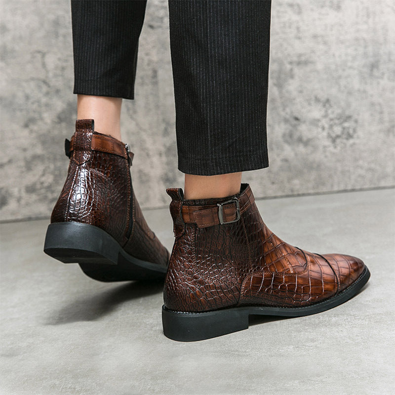 Men's Crocodile Pattern Boots Fashion Pointed Toe Low Square Heel Buckle Zipper Ankle Boots Business Formal Leather Shoes A&S Collection
