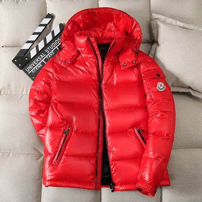 This vibrant red down jacket is designed for winter, featuring a thick, insulated hood and stylish printed logo for a fashionable and warm outdoor look A&S Collection