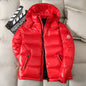 This vibrant red down jacket is designed for winter, featuring a thick, insulated hood and stylish printed logo for a fashionable and warm outdoor look A&S Collection