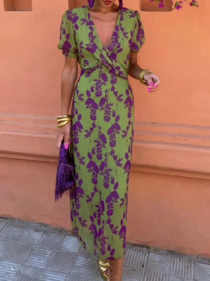Printed Plunge Short Sleeve Midi Dress.