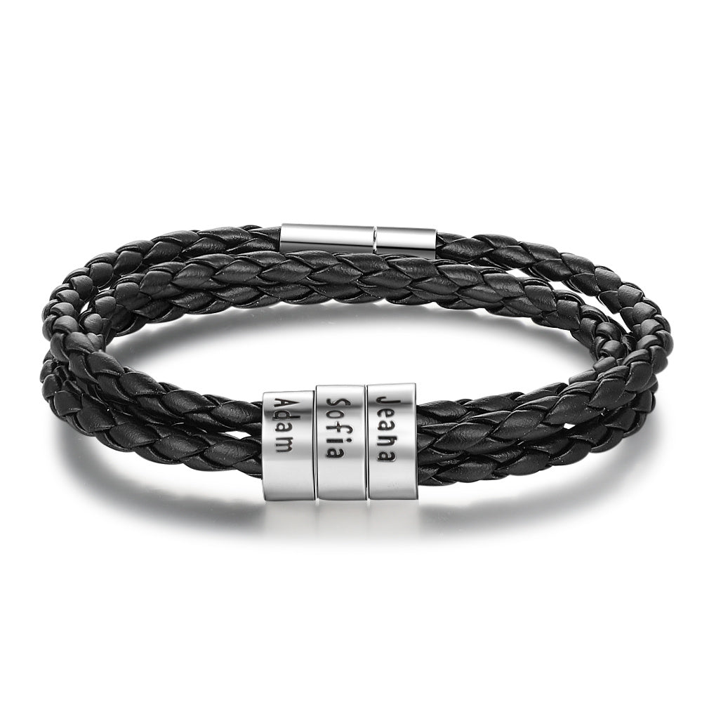 Personalized Mens Braided Genuine Leather Bracelet Stainless Steel Custom Beads Name Charm Bracelet For Men With Family Names A&S Collection