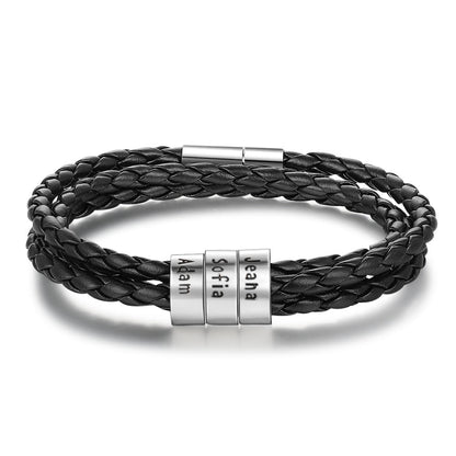 Personalized Mens Braided Genuine Leather Bracelet Stainless Steel Custom Beads Name Charm Bracelet For Men With Family Names A&S Collection