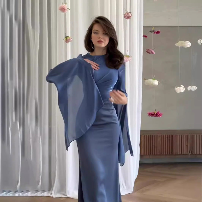 Elegant organza satin dress with patchwork design and slim fit, perfect for chic style A&S Collection