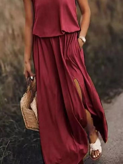 Full Size Round Neck Sleeveless Slit Maxi Dress Plus Size.