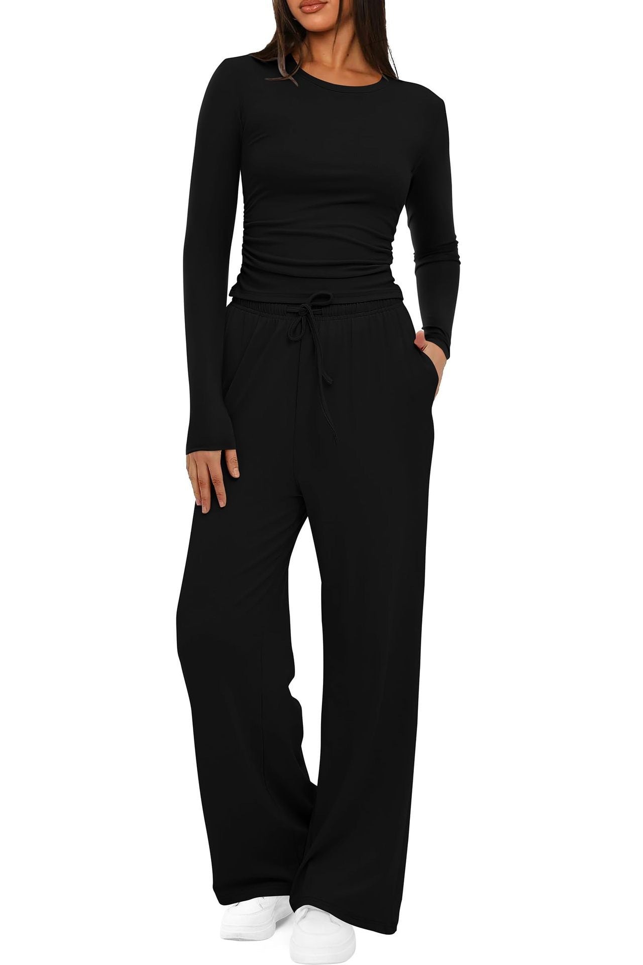 2 Pieces Women's Suit Autumn Winte Long Sleeve Tops High Waisted Wide Leg Pants Sportswear Female Clothes Solid Color Casual Suit.