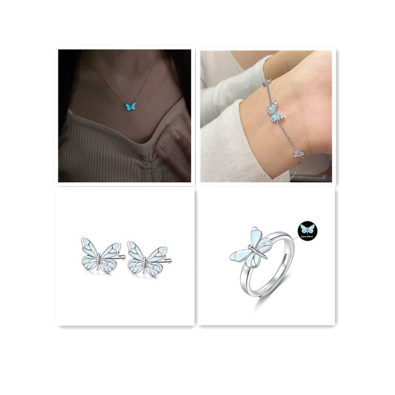 Glow-in-the-Dark Luminous Butterfly Jewelry Set: Stunning Blue Necklace and Bracelet Combo – Perfect Clavicle Chain Choker for Women’s Parties and Gifts" CJ