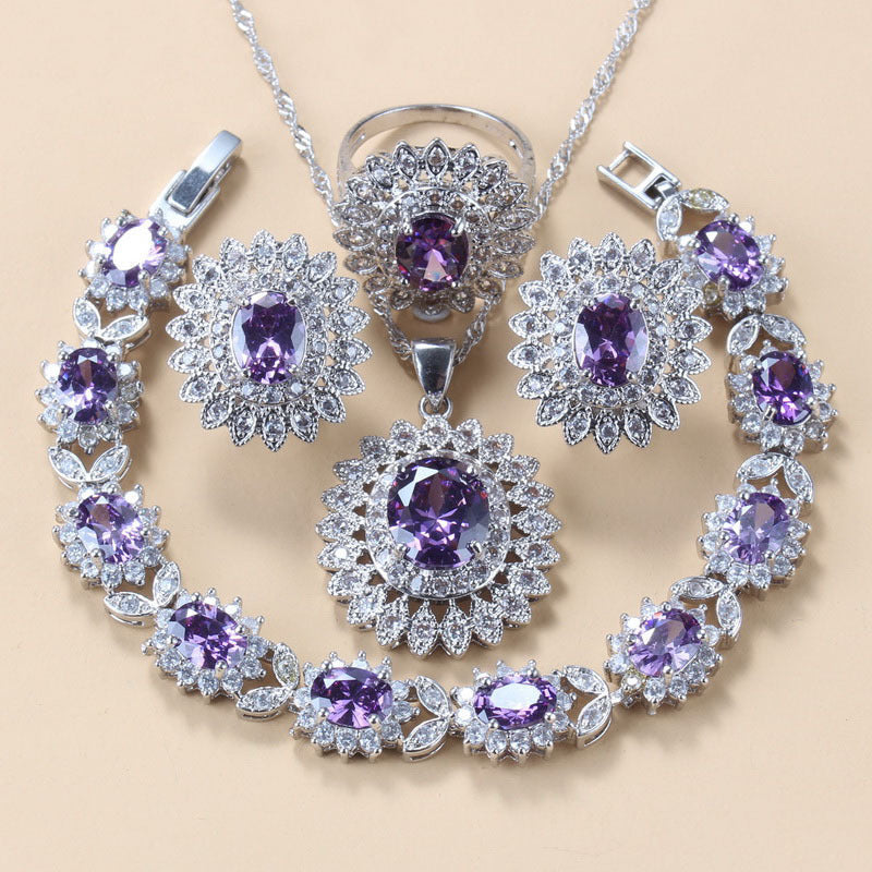 Garnet Cubic Zirconia Earrings Pendant Necklace Bracelet Ring Gift 4 PCs Set A&S Collection