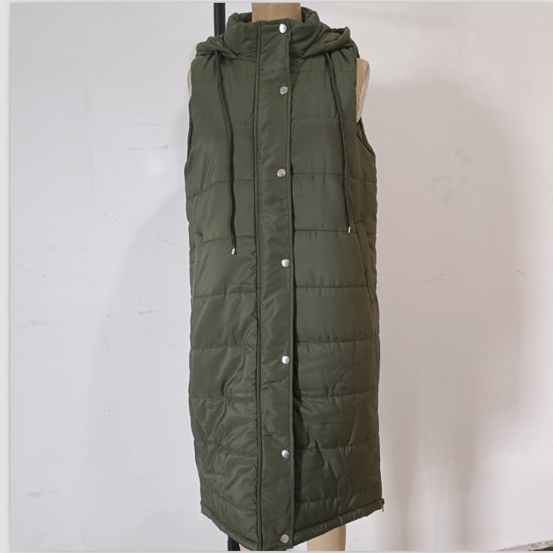 Solid color hooded single breasted medium long cotton-padded vest slim temperament cardigan coat top Hypersku