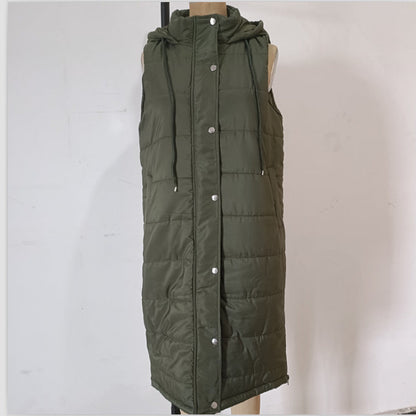 Solid color hooded single breasted medium long cotton-padded vest slim temperament cardigan coat top Hypersku