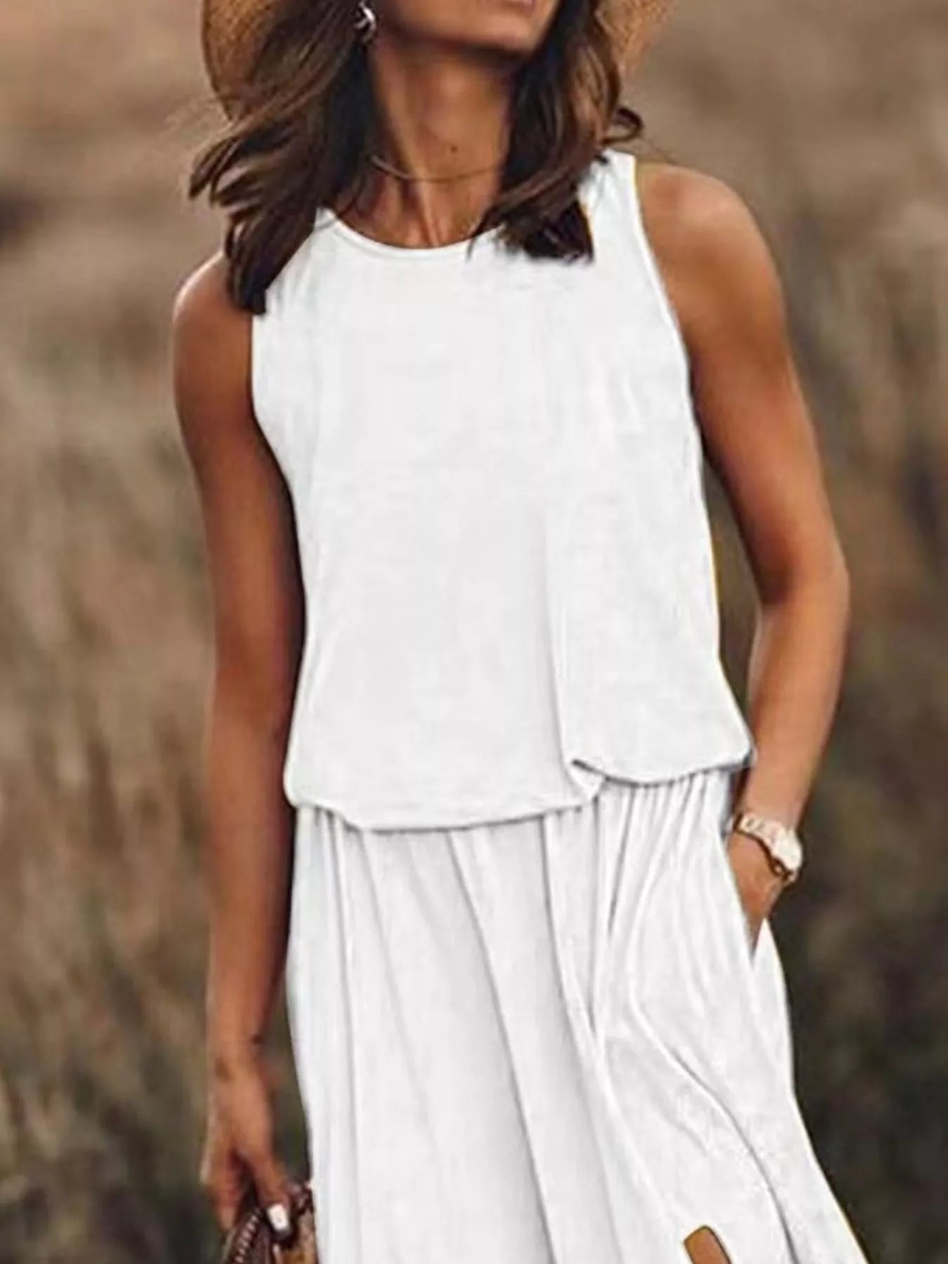 Full Size Round Neck Sleeveless Slit Maxi Dress Plus Size.